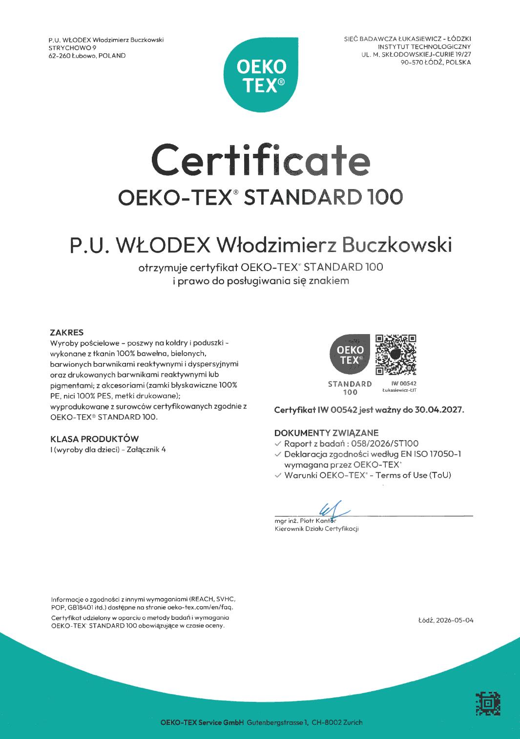Certyfikat OEKO-TEX STANDARD 100